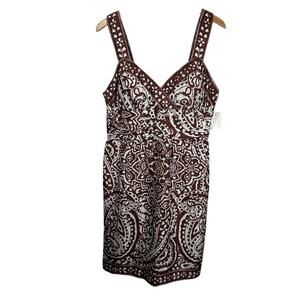 Donna Morgan Dress 14 Brown White Paisley Floral 100% Silk Sheath Preppy Y2K